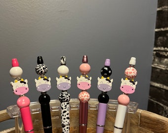 Beaded pen, custom gift, personal gifts, handmade, wood beads, cow pen, refillable pen, cow, gift for cow lover, cow print