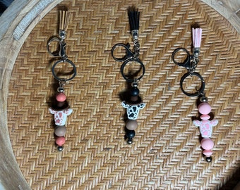 Silicone beaded keychain, silicone keychain, silicone wristlet, cow keychain, handmade gift, silicone beads