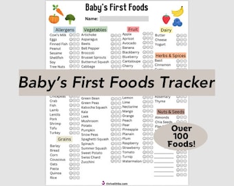 Puede incluir: Un gráfico de seguimiento de alimentos para bebés imprimible con más de 100 alimentos enumerados en categorías como alérgenos, verduras, frutas, lácteos, hierbas y especias, nueces y semillas, y granos. Cada alimento tiene una sección para marcar una vez que el bebé lo ha probado.