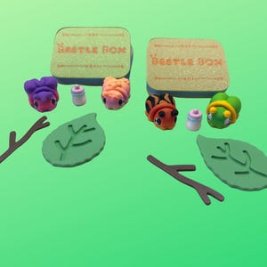 May include: A collection of colorful, miniature beetle figurines, leaves, and twigs arranged on a green background. The set includes purple, orange, red, and green beetles, small bottles, and green leaves. The text "Beetle Box" is on two light green boxes.