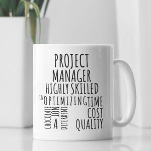 Peut inclure: Une tasse en céramique blanche avec du texte noir qui dit "Project Manager Highly Skilled In Optimizing Time Cost Quality".