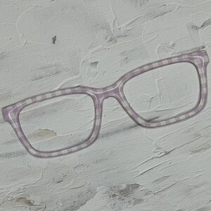 May include: A pair of pink and white checkered eyeglasses with a rectangular frame.