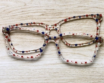 Red, White & Blue Star Confetti Clear Acrylic Eyeglass Topper with Magnets