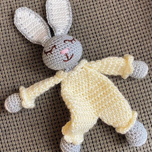 Bunny Lovey Crochet Pattern, Bunny Security Blanket Toy, Amigurumi Comforter Bunny Toy, PDF in English, Cuddle Rabbit Doll, Bunny in Pajamas