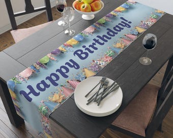 Grattis på födelsedagen Bordlöpare | Pastellfärgade ballonger och konfetti