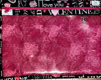 Project bags for cross stitch with Vinyl front made with Valentines Day fabric.