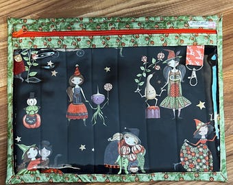 Project bags for cross stitch with Vinyl front made with Teresa Kogut Ghoul Friends fabric.