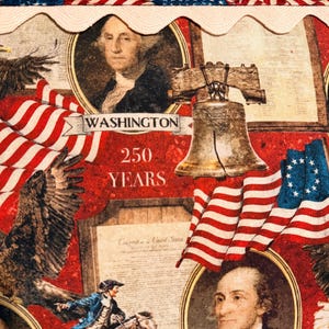 May include: A patriotic fabric featuring American flags, portraits of George Washington, the Liberty Bell, and an eagle. The design includes the text "WASHINGTON 250 YEARS" and a section of the U.S. Constitution.