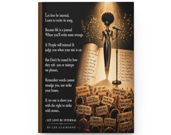 May include: A journal with a singer illustration, text, and a crowd holding signs. The singer is on a stage with a microphone, and the journal pages have affirmations. The text reads "Let love be internal" and other inspirational quotes.