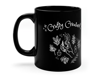 Crafty Creature 11oz Black Mug, Witch Gift, Witch Mug, Herbology Mug, Spell Mug, Witchy Home