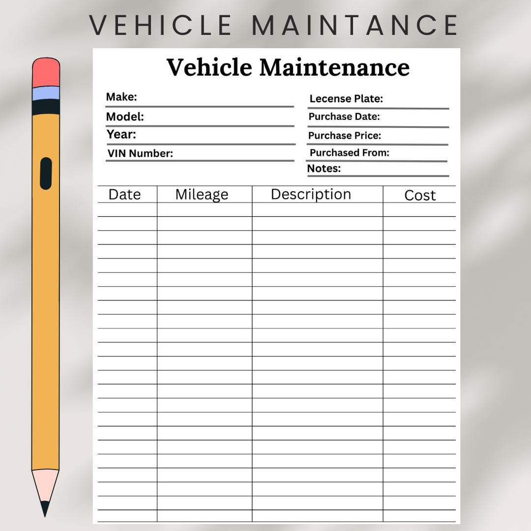 Vehicle Maintenance Log Printable | Car Service & Repair Tracker | Auto ...