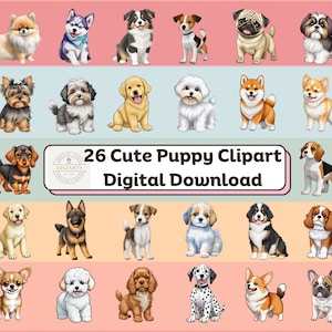 Cute Puppy Clipart Set PNG Dog Breeds Clipart Bundle PNG For Commercial and Personal Use 300 DPI High Quality Graphics 26 Watercolor Puppies