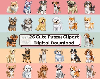 Cute Puppy Clipart Set PNG Dog Breeds Clipart Bundle PNG For Commercial and Personal Use 300 DPI High Quality Graphics 26 Watercolor Puppies
