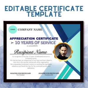 Editable Years of Service Certificate Template (PPTX Digital Download)