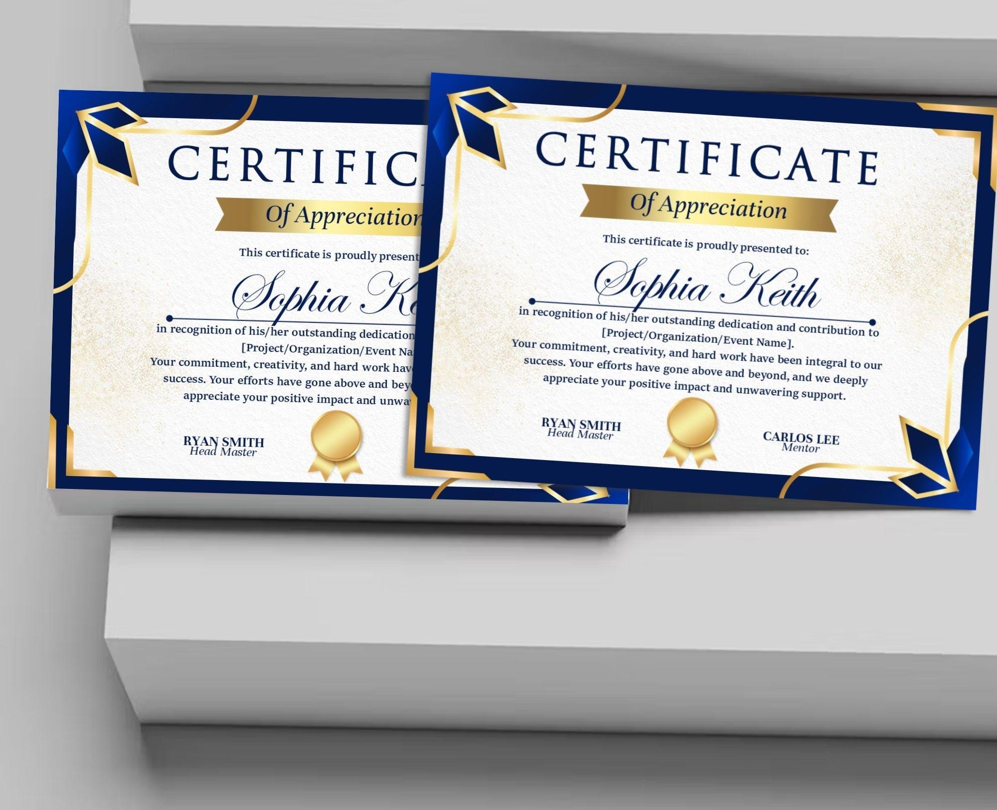 Canva Version Editable Certificate of Appreciation, Blue and Gold ...