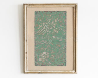 Arte floral japonesa vintage com pássaros – Design têxtil verde (Download digital)