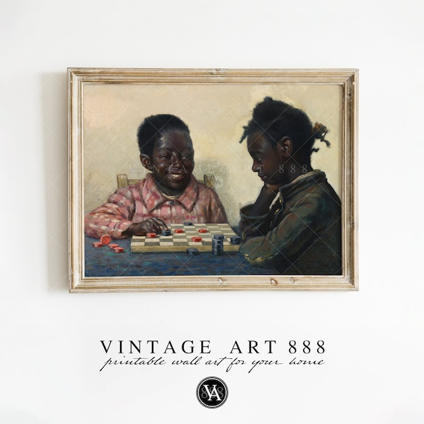 African American Children Playing Checkers | Vintage Printable Art | Black History Painting | Digital Download | Home Decor | Wall Art