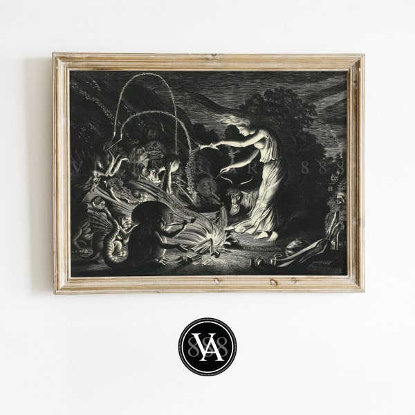 Antique Engraving of a Witch - 1600s Witch Wall Art - Moody, Dark Academia, Gothic Art - Instant Digital Download