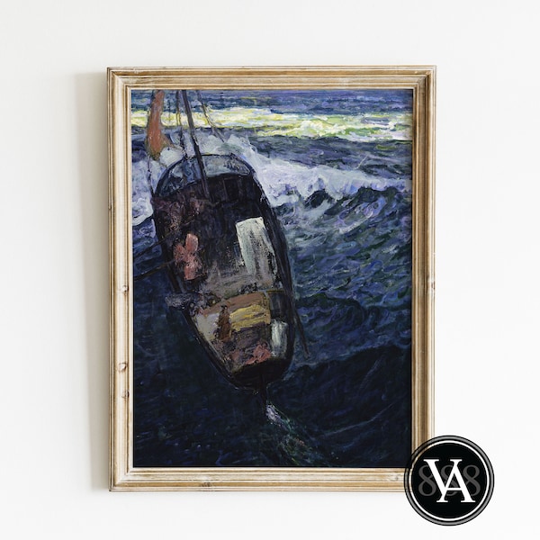 Antique Fishermen at Sea Oil Painting | Vintage Moody Coastal Art | Coastal Seascape Decor | Instant Digital Art Download