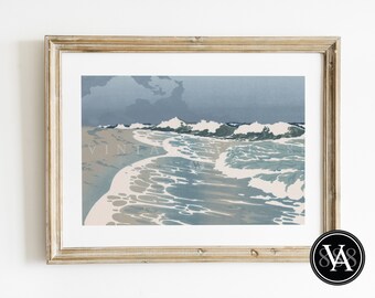 Antique Early 1900s Color Woodcut Seascape Shoreline Print - Minimalist Decor - Digital Download