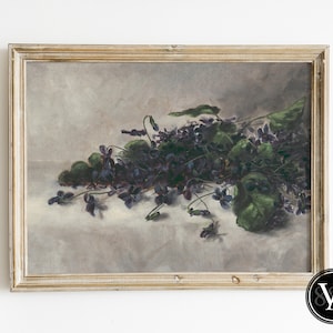 Moody Vintage Oil Painting of Loose Bunch of Violets on a Cloth Covered Table - Instant Digital Download