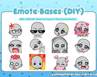 May include: A set of 12 cartoon emote bases for digital art, each with a different expression. The bases are 600 x 600 pixels and are designed for easy customization.