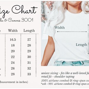 May include: Size chart for Bella + Canvas 3001 unisex t-shirts. The chart shows width and length measurements in inches for sizes XS to 3XL.