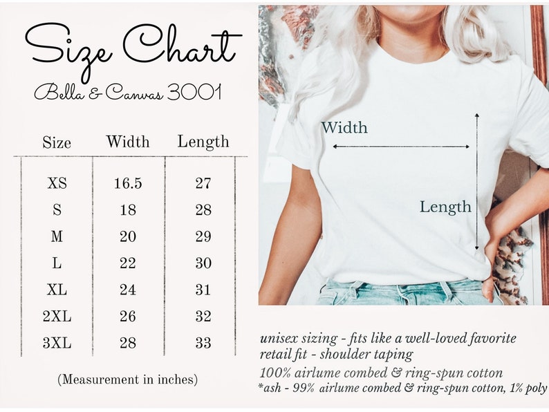 May include: Size chart for Bella + Canvas 3001 unisex t-shirts. The chart shows width and length measurements in inches for sizes XS to 3XL.