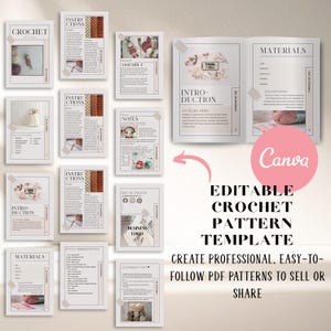Puede incluir: Un conjunto de plantillas imprimibles de patrones de crochet, con páginas de instrucciones, materiales y abreviaturas de puntos. Se muestra el texto "EDITABLE CROCHET PATTERN TEMPLATE", junto con el logotipo de Canva. Diseñado para crear patrones PDF.