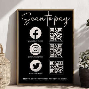 Modello di cartello "Scansiona per pagare" modificabile, modello di listino prezzi, diverse dimensioni, codice QR per piccole imprese, preparazione per mercati artigianali, modello Canva