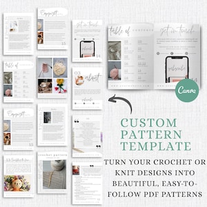 Może przedstawiać: Niestandardowy szablon wzoru z jasnym tłem. Szablon zawiera kilka stron z tekstem i obrazami, w tym spis treści, informacje o prawach autorskich i sekcję "skontaktuj się". Tekst brzmi: "Zmień swoje projekty szydełkowe lub dziewiarskie w piękne, łatwe do naśladowania wzory PDF."