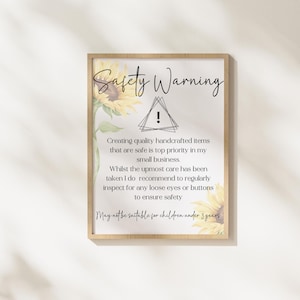 Étiquette de sécurité imprimable avertissement tournesol fait main crochet consignes de sécurité en tricot carte d'avertissement Amigurumi Safety Eye téléchargement numérique jpeg