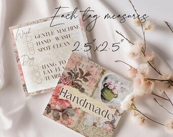 May include: Two handmade fabric care tags with a vintage floral design. The tags are 2.5 inches by 2.5 inches and have a checklist of washing and drying instructions. The text "Handmade with Love" is visible on one of the tags.