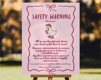 Display Sign,  Safety Eyes Warning , Pink coquette Goose, Handmade Crochet Knit Safety Eyes Print, Warning Amigurumi Care Print, Safety Eyes