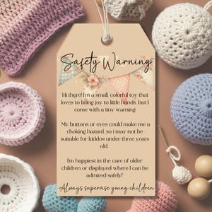 Afdrukbare gehaakte tags veiligheidslabels pdf Handgemaakt gehaakt Breien Veiligheidsinstructies Waarschuwing Onderhoudskaart Amigurumi Safety Eyes Handmade