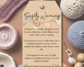 Virkade säkerhetsögon Varningshängetiketter: Handgjort stickvårdskort (PDF) Utskrivbara säkerhetsetiketter Etiketter Varningsvårdskort Amigurumi säkerhetsögon