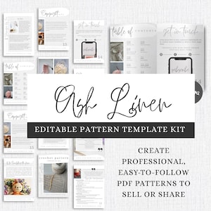 Könnte beinhalten: Eine Sammlung digitaler Seiten mit dem Text "Ash Linen" und "Bearbeitbares Vorlagen-Kit." Die Seiten enthalten Text, Bilder und eine Telefongrafik mit dem Wort "subscribe." Das Design ist sauber und modern, für die Erstellung von PDF-Mustern.