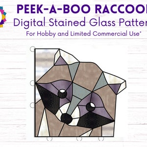 Peeking Raccoon Digital Stained Glass Pattern Download - Corner Piece - Printable PDF