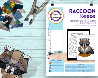 Raccoon Digital Stained Glass Pattern  Download - Suncatcher - Printable PDF