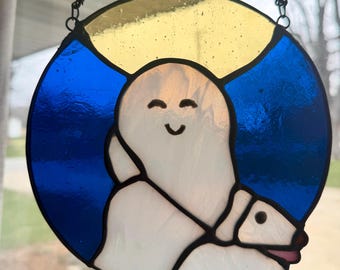 Stained Glass Halloween Pattern: Ghost Walking Dog (PDF, SVG, PNG)