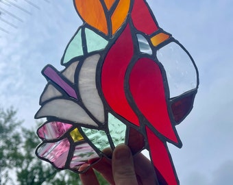 PATTERN - Digital Stained Glass Cardinal & Flower Design  for Instant Download - Beginner to Intermediate