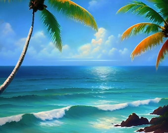 Strand. Tropische Landschaft. Digitale Malerei. Art-Déco.