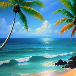 Beach. Tropical landscape. Digital painting. Art deco.