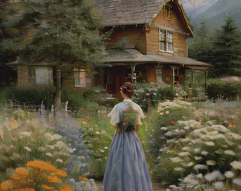 Englischer Garten Kunstdruck | Frau in Blumenlandschaft (Digital Download)