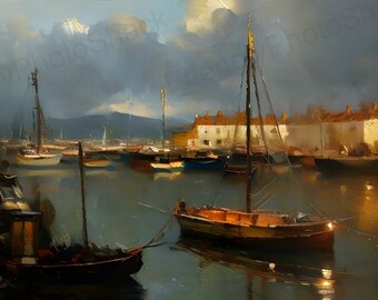 Wharf Ölgemälde Kunstdruck, Küstenlandschaft (Digitaler Download)