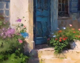 Altes Haus Gemälde Druck, blaue Tür & Blumen (Digitaler Download)