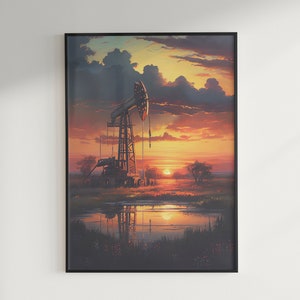 Pode incluir: Uma pintura de uma plataforma de petróleo em um campo ao pôr do sol. A plataforma está silhuetada contra o céu laranja e vermelho. A água em primeiro plano reflete as cores do pôr do sol.