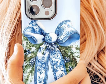 Toile Bow Magsafe Winter Phone Case, Blue Coquette Christmas Phone Cover iPhone 17 air 16 pro max plus 15 14 13
