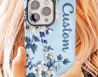 Blue Toile Phone Case, Custom Embroidered Name Personalized Gift Magsafe iPhone 16 Pro Max 15 Plus Case Samsung S24 Ultra Tough Pixel Cover