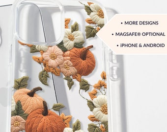 Clear Fall Phone Case, Botanical Pumpkin Phone Cases, Flower Embroidered Cottagecore Aesthetic Phone Case Magsafe iPhone Case Samsung Galaxy